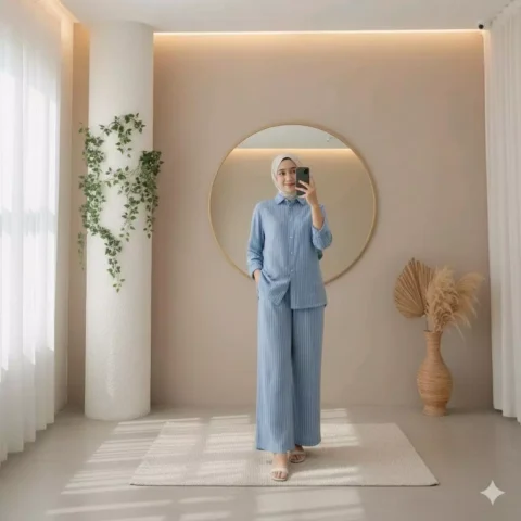 Monica One Set Stripe | Setelan Atasan Baju Tunik Wanita Muslim Remaja Dewasa Celana Kulot Motif Salur Bahan Katun